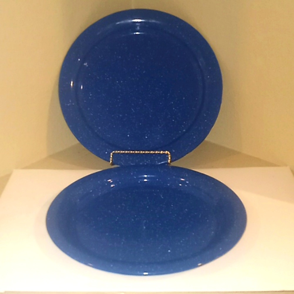 Two Blue & White Speckled Enamelware 10" Plates